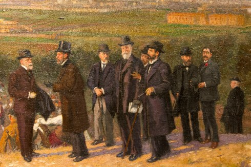 de izda. a dcha., Francisco Pradilla,Santiago Ramón y Cajal,Marcos Zapata, Segismundo Moret, Basilio Paraíso, Mariano de Cavia y Florencio Jardiel